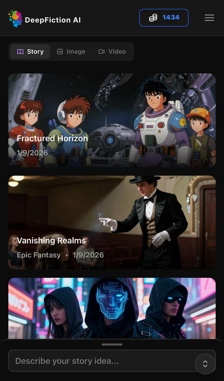 DeepFiction Studio mobile experience with collapsible controls